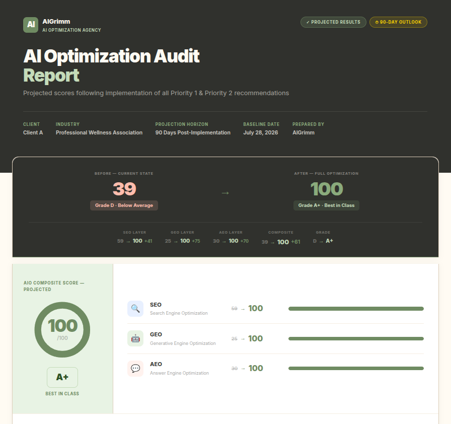 AIO Audit after the Visibility Sprint, score 100 out of 100, grade A plus