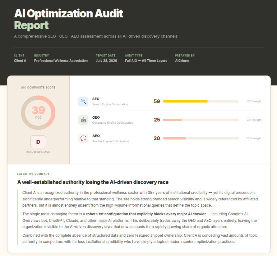 AIO Audit before, score 39 out of 100, grade D